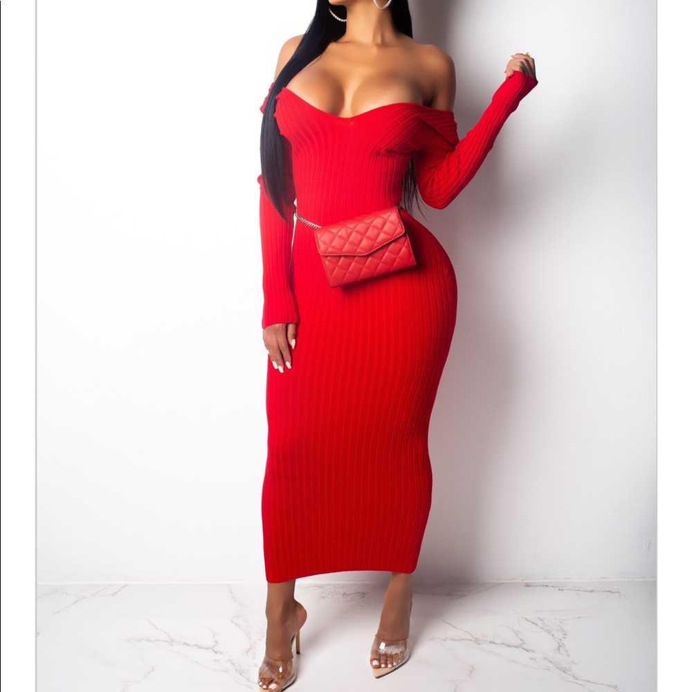 Red off the shoulder midi dress